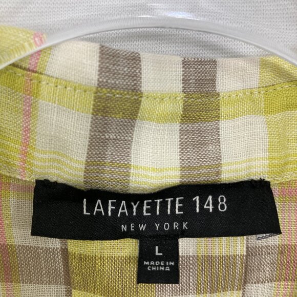 Lafayette 148 Large Parrot Green 100% Linen Plaid Relax Sabira Button Up Preppy - Picture 3 of 11